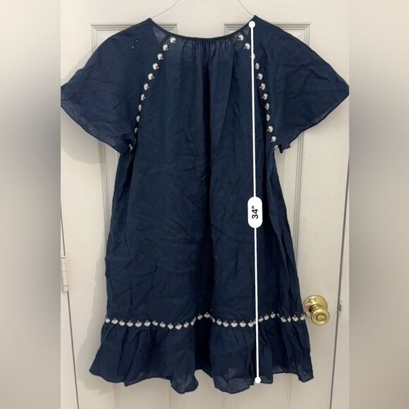 Madewell Embroidered Linen-Blend Raglan Ruffle Mini Dress Size Medium Deep Navy - Picture 7 of 7